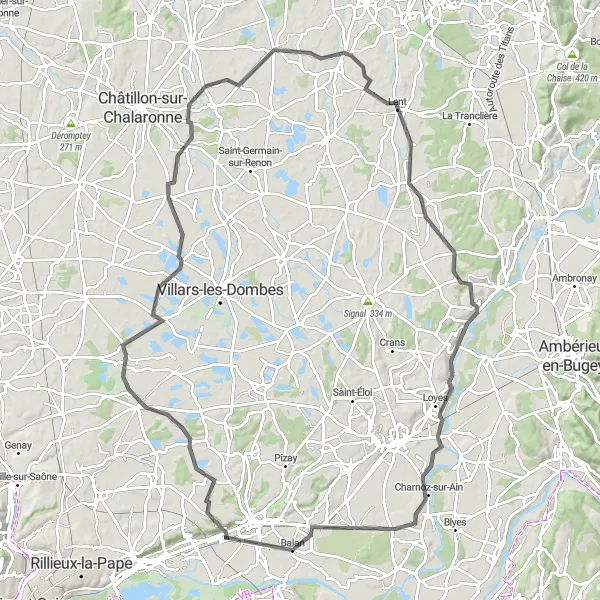 Miniature de la carte de l'inspiration cycliste "Parcours panoramique autour de La Boisse" dans la Rhône-Alpes, France. Générée par le planificateur d'itinéraire cycliste Tarmacs.app