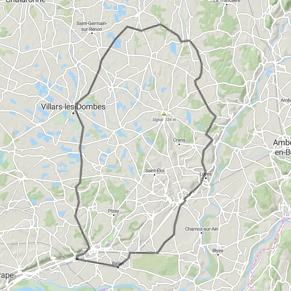 Miniatura della mappa di ispirazione al ciclismo "Tour su strada tra La Boisse e Montluel" nella regione di Rhône-Alpes, France. Generata da Tarmacs.app, pianificatore di rotte ciclistiche