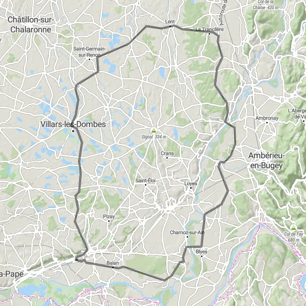 Miniaturní mapa "Okruh kolem La Boisse" inspirace pro cyklisty v oblasti Rhône-Alpes, France. Vytvořeno pomocí plánovače tras Tarmacs.app