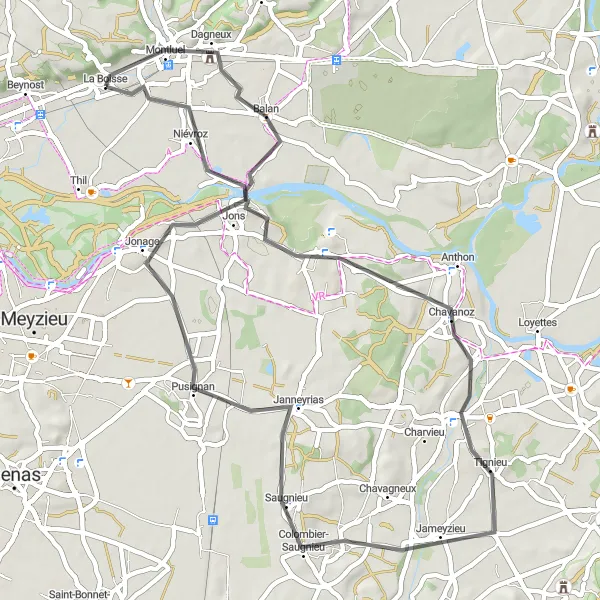 Miniaturní mapa "Okružní cyklistická trasa z La Boisse" inspirace pro cyklisty v oblasti Rhône-Alpes, France. Vytvořeno pomocí plánovače tras Tarmacs.app