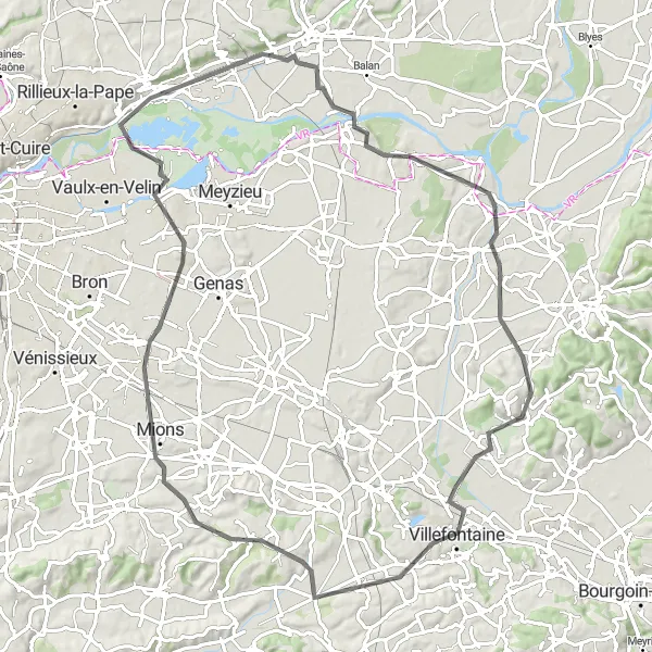 Miniature de la carte de l'inspiration cycliste "Parcours Les Monts du Lyonnais" dans la Rhône-Alpes, France. Générée par le planificateur d'itinéraire cycliste Tarmacs.app