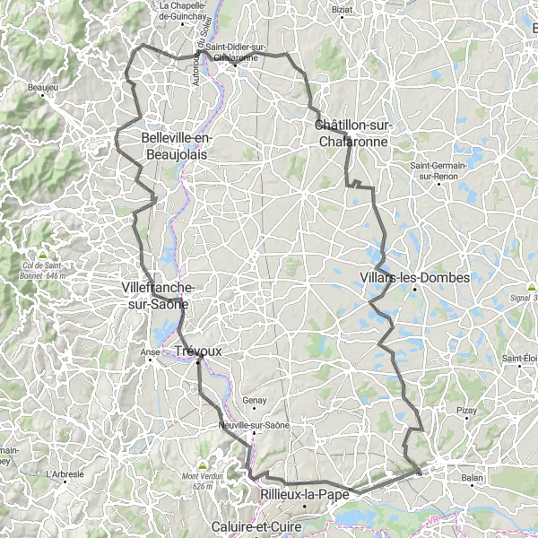 Mapa miniatúra "Trasa Miribel skala" cyklistická inšpirácia v Rhône-Alpes, France. Vygenerované cyklistickým plánovačom trás Tarmacs.app