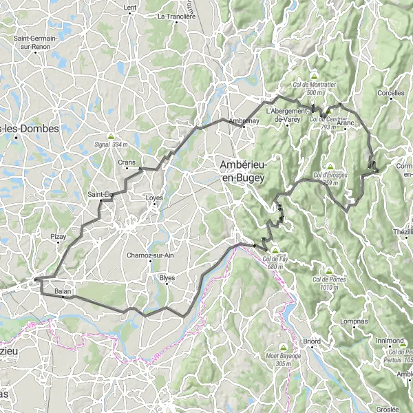Kartminiatyr av "Utmanande bergsväg till Montluel" cykelinspiration i Rhône-Alpes, France. Genererad av Tarmacs.app cykelruttplanerare