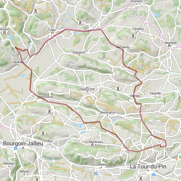 Miniatua del mapa de inspiración ciclista "Ruta de ciclismo de grava desde La Chapelle-de-la-Tour" en Rhône-Alpes, France. Generado por Tarmacs.app planificador de rutas ciclistas