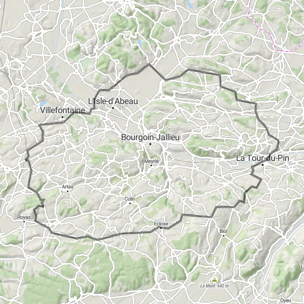 Miniatua del mapa de inspiración ciclista "Recorrido en carretera a través de hermosos pueblos" en Rhône-Alpes, France. Generado por Tarmacs.app planificador de rutas ciclistas