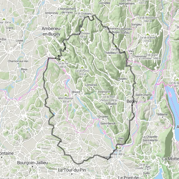 Miniatua del mapa de inspiración ciclista "Recorrido en carretera a través de montañas y valles" en Rhône-Alpes, France. Generado por Tarmacs.app planificador de rutas ciclistas
