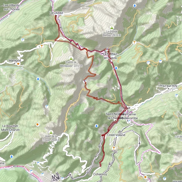 Miniaturní mapa "Koleje kolem La Clusaz" inspirace pro cyklisty v oblasti Rhône-Alpes, France. Vytvořeno pomocí plánovače tras Tarmacs.app