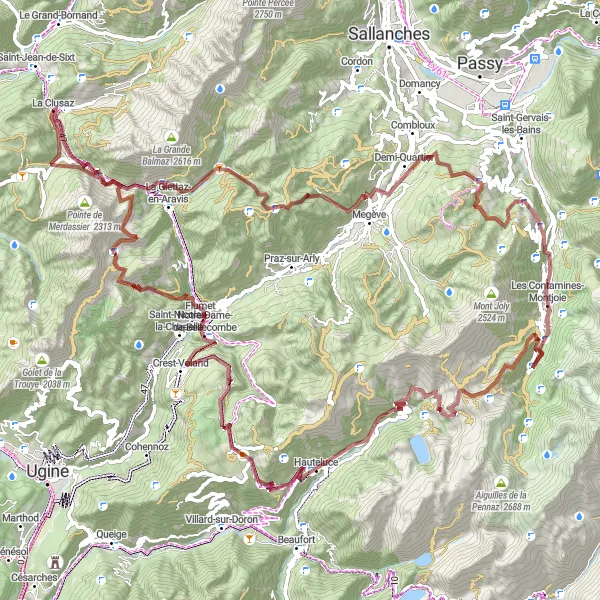 Miniaturekort af cykelinspirationen "Gravel cykeltur til La Clusaz og omegn" i Rhône-Alpes, France. Genereret af Tarmacs.app cykelruteplanlægger