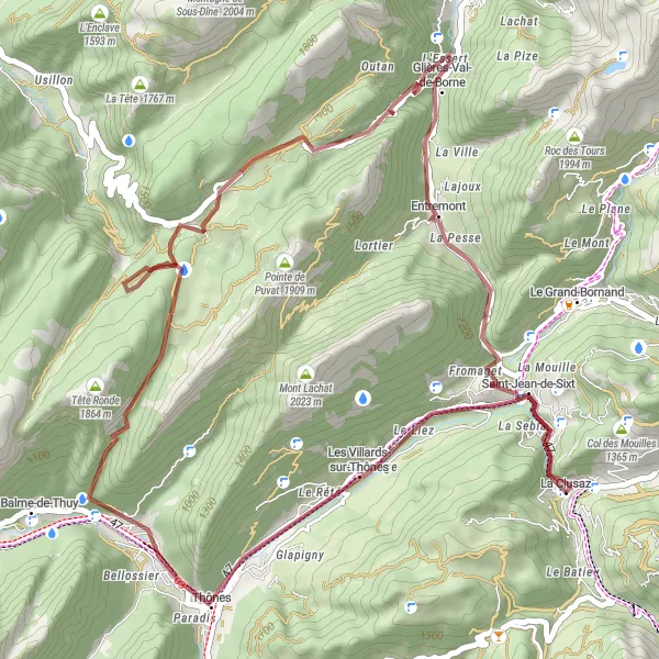 Kartminiatyr av "Graveläventyr nära La Clusaz" cykelinspiration i Rhône-Alpes, France. Genererad av Tarmacs.app cykelruttplanerare