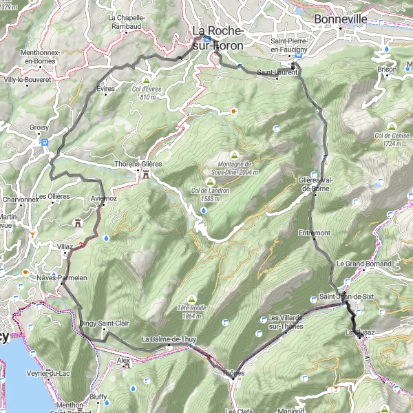 Kartminiatyr av "Vackra Vyer runt La Clusaz" cykelinspiration i Rhône-Alpes, France. Genererad av Tarmacs.app cykelruttplanerare