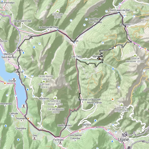 Kartminiatyr av "Oppdag Les Villards-sur-Thônes og Col de St Jean de Sixt" sykkelinspirasjon i Rhône-Alpes, France. Generert av Tarmacs.app sykkelrutoplanlegger