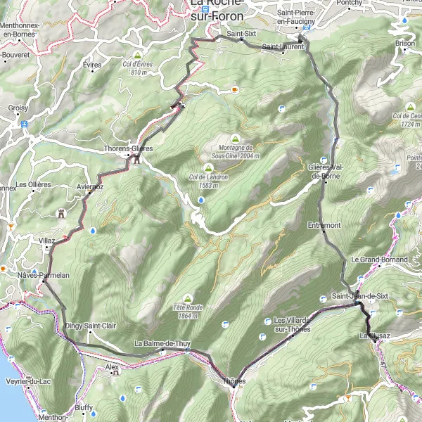 Zemljevid v pomanjšavi "Kolesarski izlet La Clusaz - Rhône-Alpes" kolesarske inspiracije v Rhône-Alpes, France. Generirano z načrtovalcem kolesarskih poti Tarmacs.app