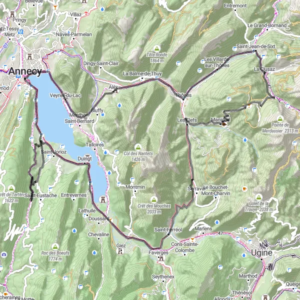 Map miniature of "The Mountainous Expedition" cycling inspiration in Rhône-Alpes, France. Generated by Tarmacs.app cycling route planner