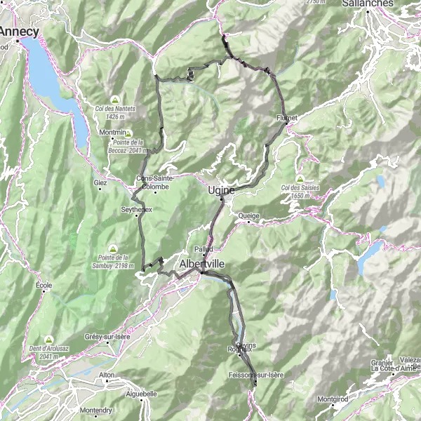 Miniatura mapy "Trasa przez Col des Aravis i Vue sur Albertville" - trasy rowerowej w Rhône-Alpes, France. Wygenerowane przez planer tras rowerowych Tarmacs.app