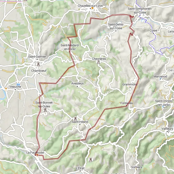 Miniatuurkaart van de fietsinspiratie "Gravelroute door de bergen van La Fouillouse" in Rhône-Alpes, France. Gemaakt door de Tarmacs.app fietsrouteplanner