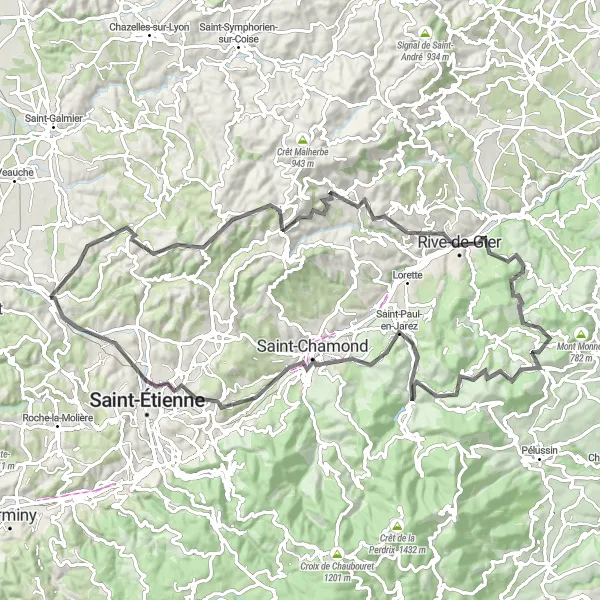 Miniatua del mapa de inspiración ciclista "Ruta de ciclismo de carretera alrededor de La Fouillouse" en Rhône-Alpes, France. Generado por Tarmacs.app planificador de rutas ciclistas