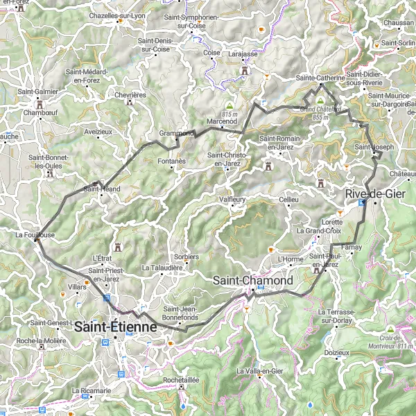 Mapa miniatúra "Trasa La Fouillouse - Saint-Paul-en-Jarez" cyklistická inšpirácia v Rhône-Alpes, France. Vygenerované cyklistickým plánovačom trás Tarmacs.app