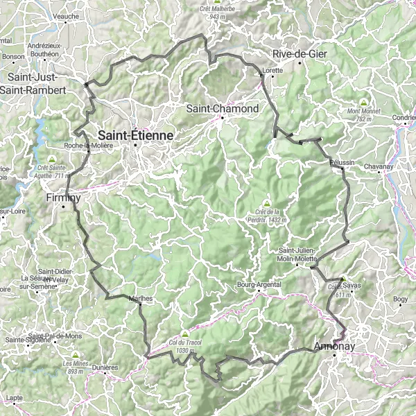 Map miniature of "La Fouillouse to Firminy" cycling inspiration in Rhône-Alpes, France. Generated by Tarmacs.app cycling route planner