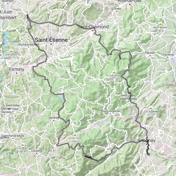 Karttaminiaatyyri "Haastava pyöräilyreitti La Fouillousesta" pyöräilyinspiraatiosta alueella Rhône-Alpes, France. Luotu Tarmacs.app pyöräilyreittisuunnittelijalla