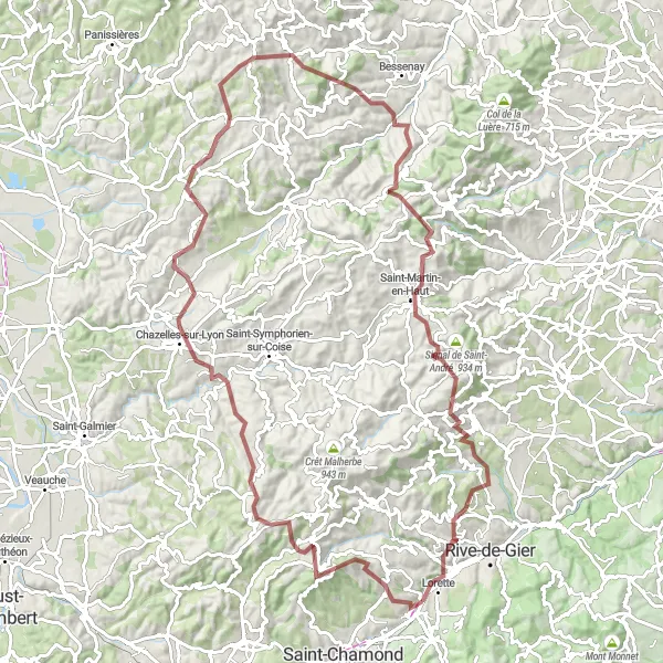 Map miniature of "Gravel Route via Crêt Poncin and Col des Brosses" cycling inspiration in Rhône-Alpes, France. Generated by Tarmacs.app cycling route planner