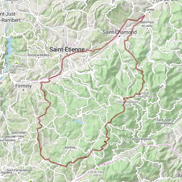 Miniature de la carte de l'inspiration cycliste "Escapade à Saint-Étienne et Saint-Chamond" dans la Rhône-Alpes, France. Générée par le planificateur d'itinéraire cycliste Tarmacs.app