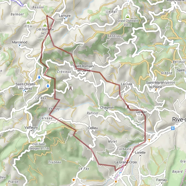 Miniatuurkaart van de fietsinspiratie "Korte gravelroute in de omgeving van La Grand-Croix" in Rhône-Alpes, France. Gemaakt door de Tarmacs.app fietsrouteplanner
