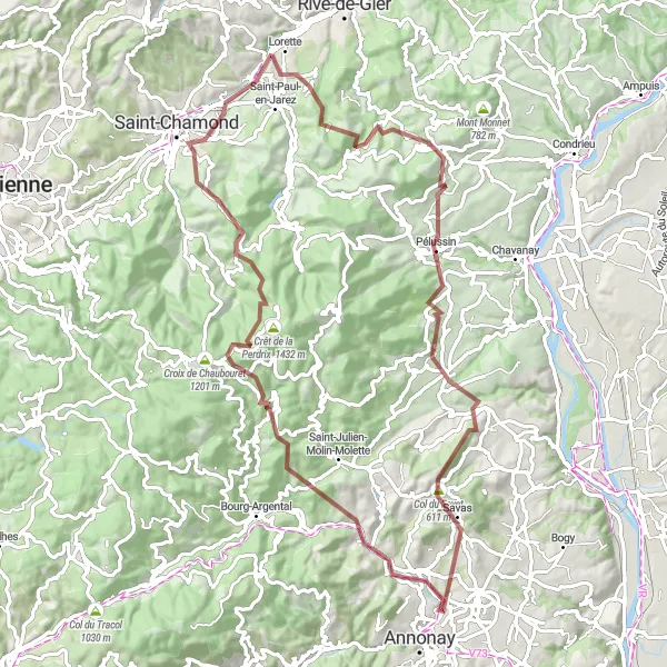 Miniatuurkaart van de fietsinspiratie "Gravel Avontuur door Rhône-Alpes" in Rhône-Alpes, France. Gemaakt door de Tarmacs.app fietsrouteplanner