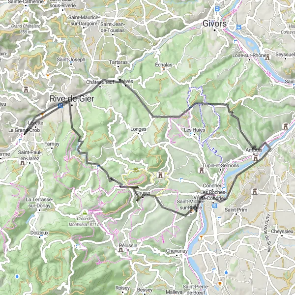 Miniatura mapy "Serpentyny przez Dolinę Rodanu" - trasy rowerowej w Rhône-Alpes, France. Wygenerowane przez planer tras rowerowych Tarmacs.app