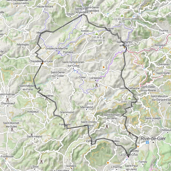 Zemljevid v pomanjšavi "La Grand-Croix to Crêt Saint-Georges Road Cycling Route" kolesarske inspiracije v Rhône-Alpes, France. Generirano z načrtovalcem kolesarskih poti Tarmacs.app