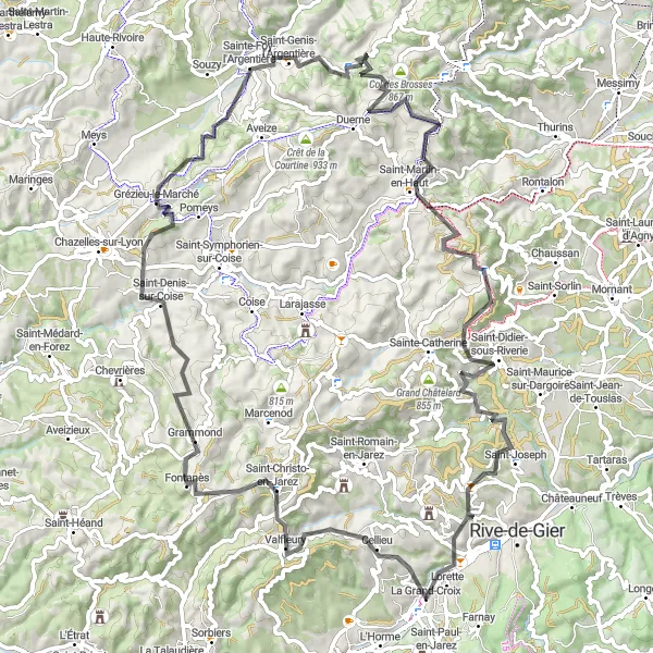 Kartminiatyr av "Variert landskap og kulturelle perler" sykkelinspirasjon i Rhône-Alpes, France. Generert av Tarmacs.app sykkelrutoplanlegger