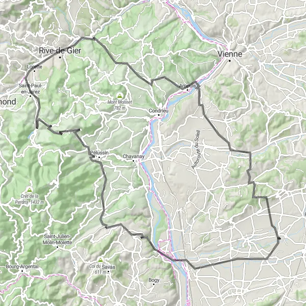 Miniatura della mappa di ispirazione al ciclismo "Panoramic Road Trip through Rhône-Alpes" nella regione di Rhône-Alpes, France. Generata da Tarmacs.app, pianificatore di rotte ciclistiche