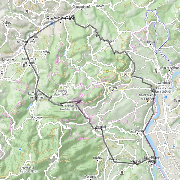 Miniatuurkaart van de fietsinspiratie "Verken de omgeving van Pélussin" in Rhône-Alpes, France. Gemaakt door de Tarmacs.app fietsrouteplanner