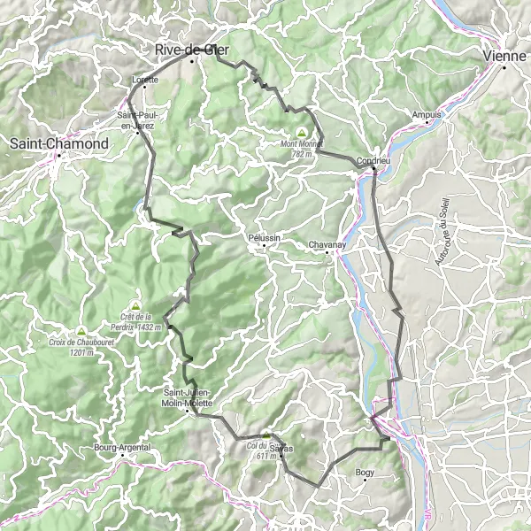 Miniatura mapy "Trasa wzdłuż doliny rzeki Rona" - trasy rowerowej w Rhône-Alpes, France. Wygenerowane przez planer tras rowerowych Tarmacs.app
