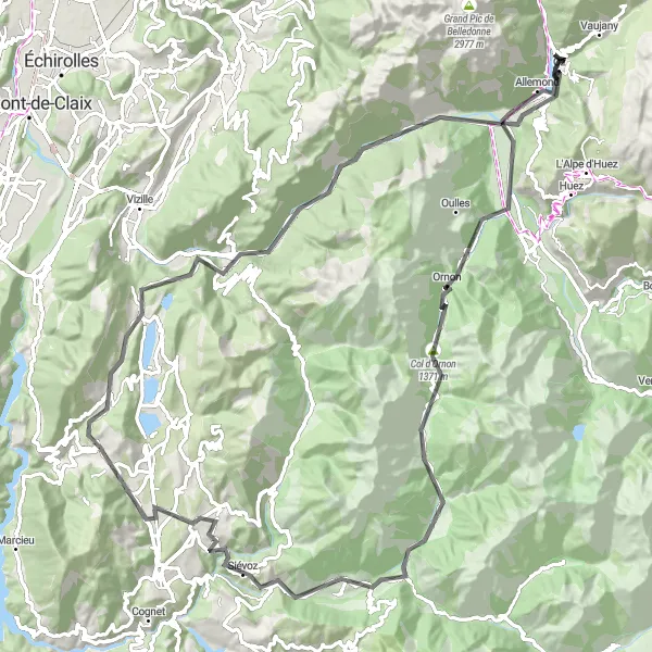 Zemljevid v pomanjšavi "Poteza skozi gorato pokrajino" kolesarske inspiracije v Rhône-Alpes, France. Generirano z načrtovalcem kolesarskih poti Tarmacs.app