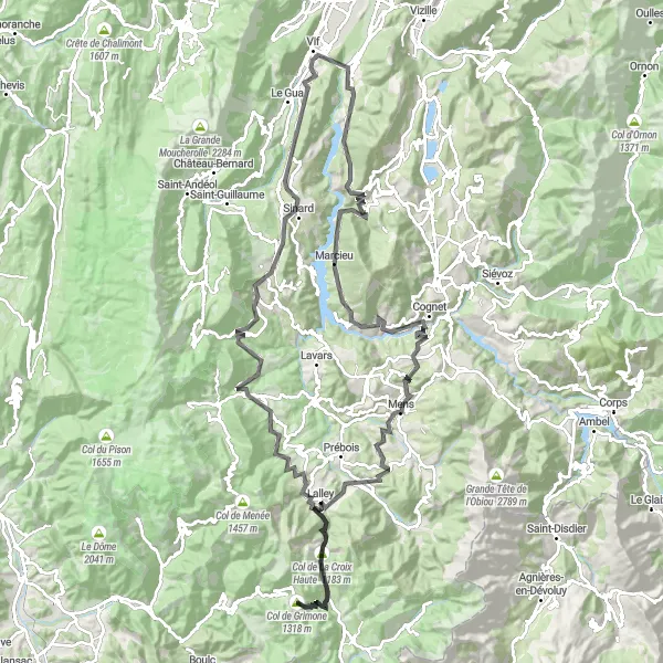 Zemljevid v pomanjšavi "Cesta do višine La Motte-d'Aveillans" kolesarske inspiracije v Rhône-Alpes, France. Generirano z načrtovalcem kolesarskih poti Tarmacs.app