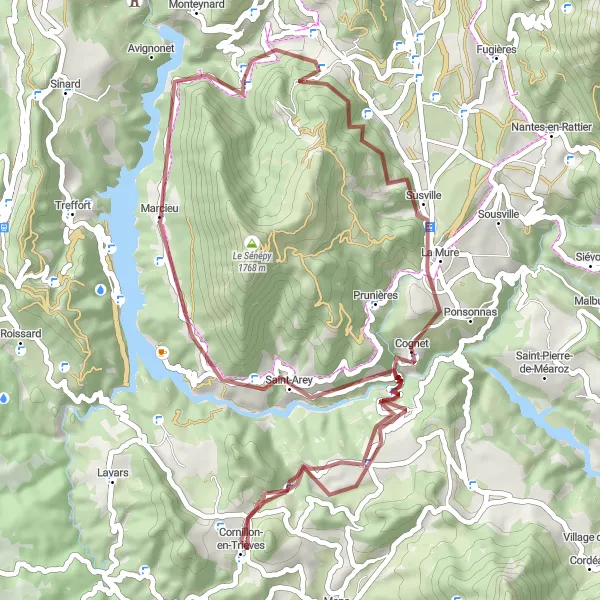 Miniatura della mappa di ispirazione al ciclismo "Gravel Route from La Motte-Saint-Martin" nella regione di Rhône-Alpes, France. Generata da Tarmacs.app, pianificatore di rotte ciclistiche