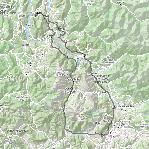 Zemljevid v pomanjšavi "Izjemna pot skozi Rhône-Alpes" kolesarske inspiracije v Rhône-Alpes, France. Generirano z načrtovalcem kolesarskih poti Tarmacs.app