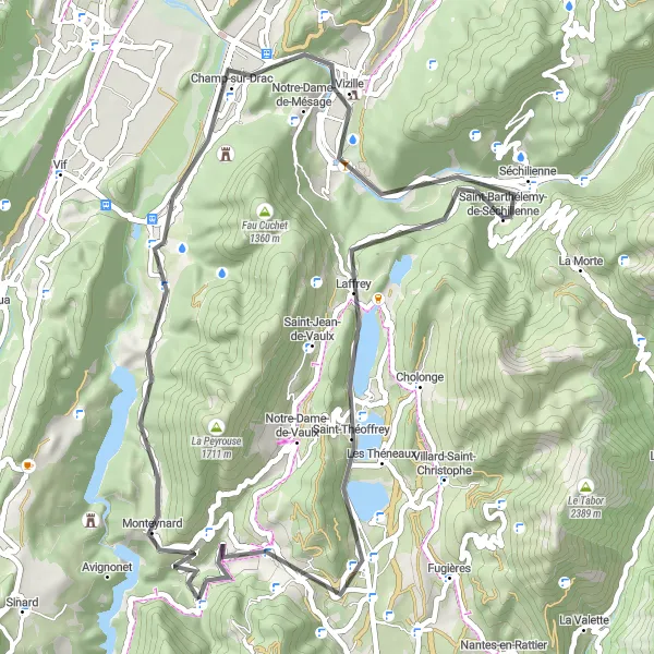 Zemljevid v pomanjšavi "Road kolesarska tura preko Col de La Festinière" kolesarske inspiracije v Rhône-Alpes, France. Generirano z načrtovalcem kolesarskih poti Tarmacs.app