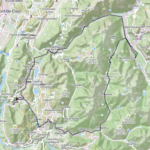 Kartminiatyr av "Utfordrende rute gjennom Alpene" sykkelinspirasjon i Rhône-Alpes, France. Generert av Tarmacs.app sykkelrutoplanlegger