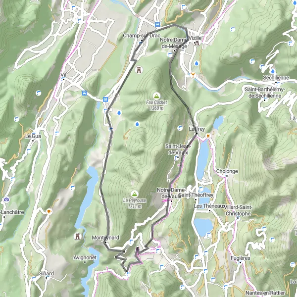 Map miniature of "Explore the Veurey-Voroize Loop" cycling inspiration in Rhône-Alpes, France. Generated by Tarmacs.app cycling route planner