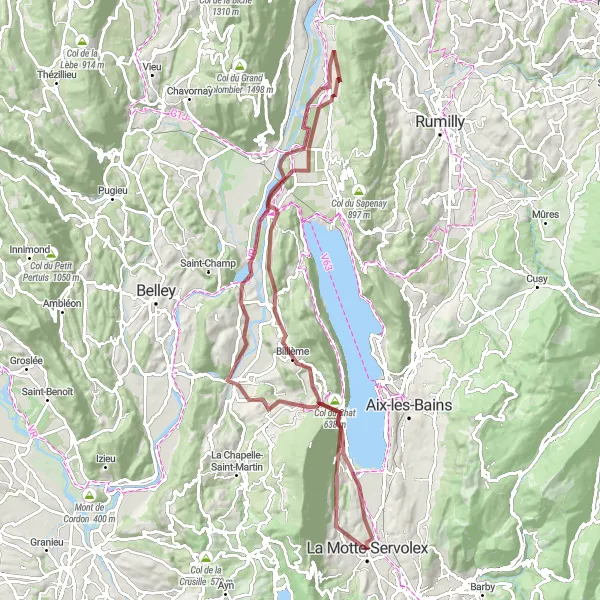 Map miniature of "Gravel Adventure near La Motte-Servolex" cycling inspiration in Rhône-Alpes, France. Generated by Tarmacs.app cycling route planner