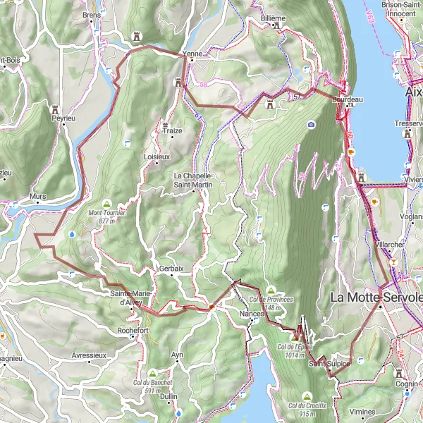 Mapa miniatúra "Okruh kolem La Motte-Servolex po štěrkových cestách" cyklistická inšpirácia v Rhône-Alpes, France. Vygenerované cyklistickým plánovačom trás Tarmacs.app