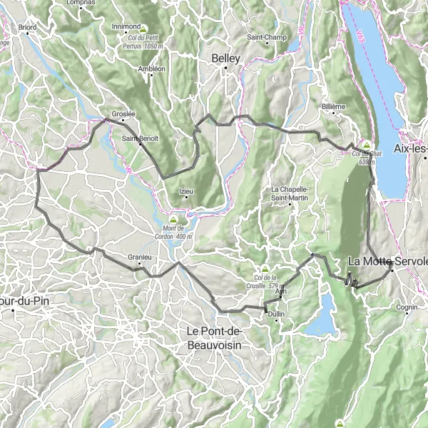 Map miniature of "Scenic Loop around La Motte-Servolex" cycling inspiration in Rhône-Alpes, France. Generated by Tarmacs.app cycling route planner