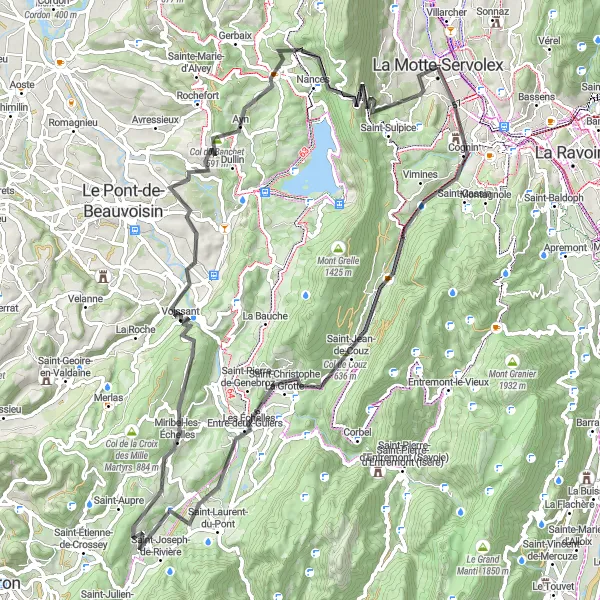 Karttaminiaatyyri "Pyöräilyretki La Motte-Servolexista Col de Couzille" pyöräilyinspiraatiosta alueella Rhône-Alpes, France. Luotu Tarmacs.app pyöräilyreittisuunnittelijalla