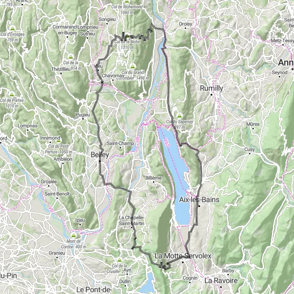 Map miniature of "Mountains and Valleys" cycling inspiration in Rhône-Alpes, France. Generated by Tarmacs.app cycling route planner