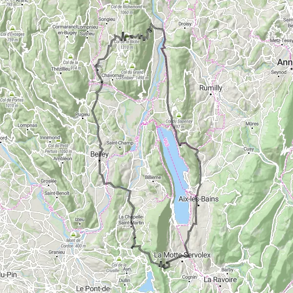 Miniaturní mapa "Trasa kolem La Motte-Servolex - Road" inspirace pro cyklisty v oblasti Rhône-Alpes, France. Vytvořeno pomocí plánovače tras Tarmacs.app