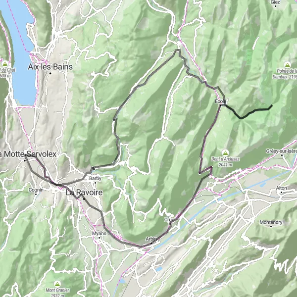 Karttaminiaatyyri "Maalaismaisemien pyöräilyreitti Chambérystä La Ravoireen" pyöräilyinspiraatiosta alueella Rhône-Alpes, France. Luotu Tarmacs.app pyöräilyreittisuunnittelijalla