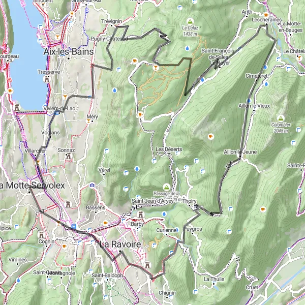 Miniaturní mapa "Okruh kolem Chambéry a jezera Bourget" inspirace pro cyklisty v oblasti Rhône-Alpes, France. Vytvořeno pomocí plánovače tras Tarmacs.app