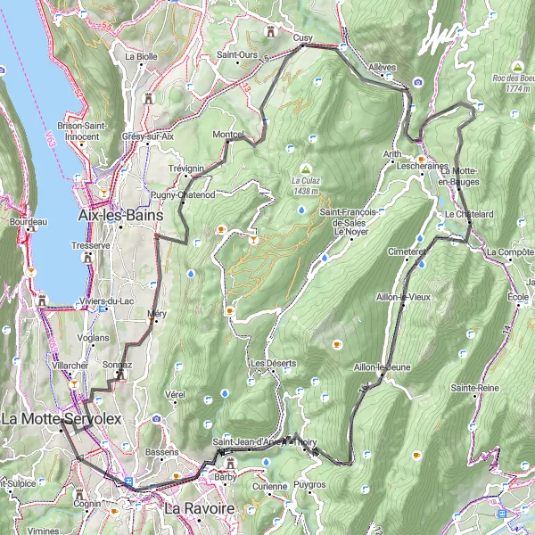 Kartminiatyr av "Bauges Mountain Loop" sykkelinspirasjon i Rhône-Alpes, France. Generert av Tarmacs.app sykkelrutoplanlegger