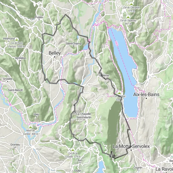 Miniatua del mapa de inspiración ciclista "Desafío montañoso alrededor de La Motte-Servolex" en Rhône-Alpes, France. Generado por Tarmacs.app planificador de rutas ciclistas